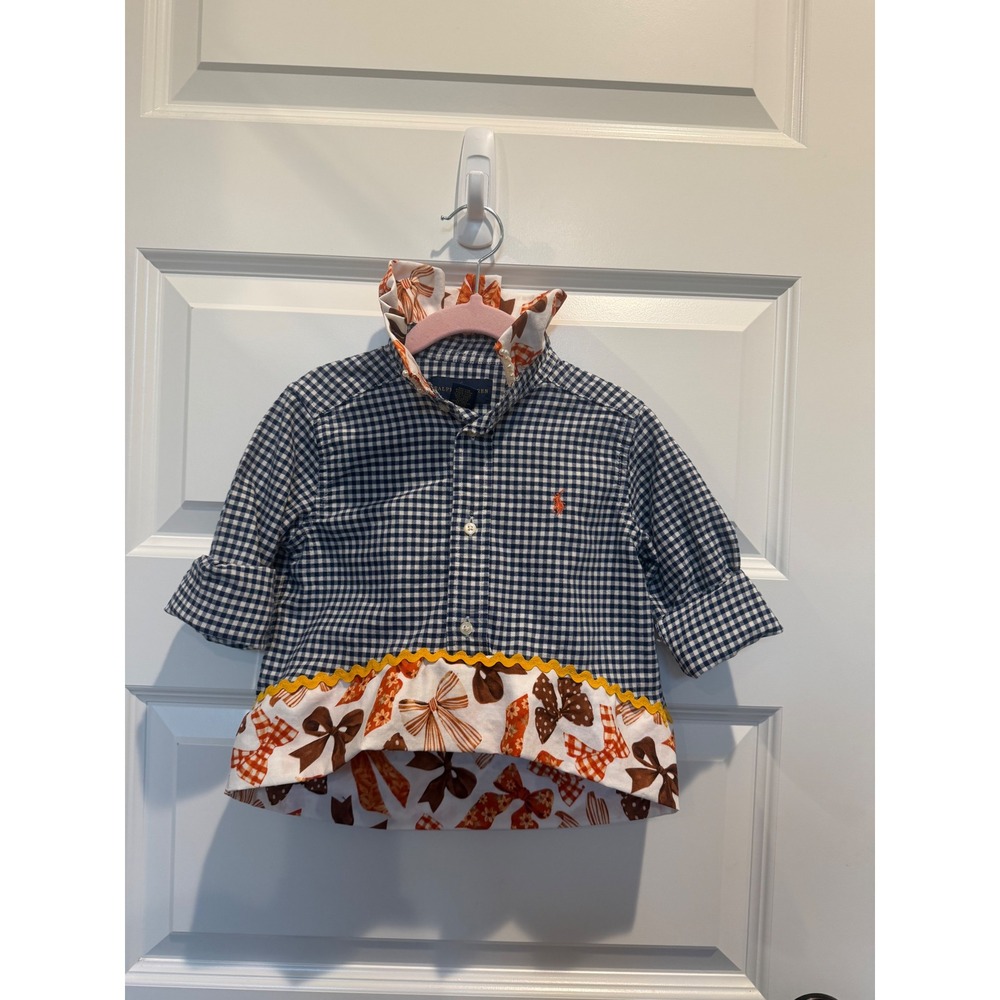 Ralph Lauren Upcycled Gingham Peplum Shirt Kids Navy Orange Bow Ruffle Collar